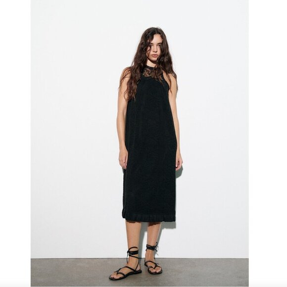 Zara Mixed Knit Cotton Blend Sleeveless Midi Dress NWT Black Size Small - Picture 2 of 12